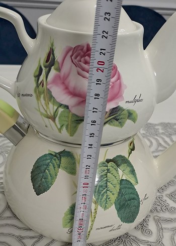 Beyaz Çiçek Desenli Emaye Çaydanlık - Görsel 9