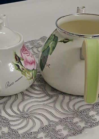 Beyaz Çiçek Desenli Emaye Çaydanlık - Görsel 8