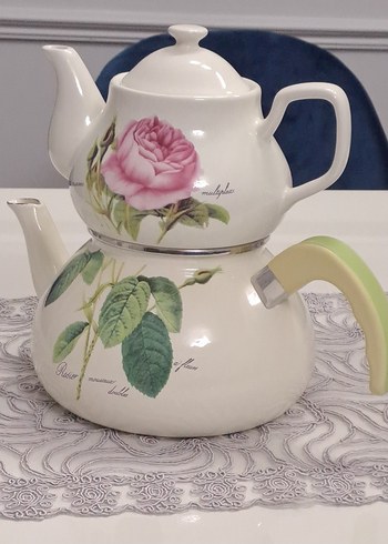 Beyaz Çiçek Desenli Emaye Çaydanlık - Görsel 2