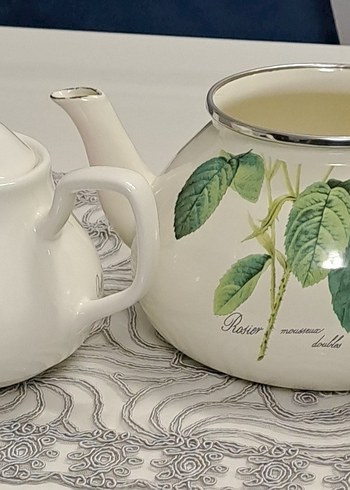 Beyaz Çiçek Desenli Emaye Çaydanlık - Görsel 3