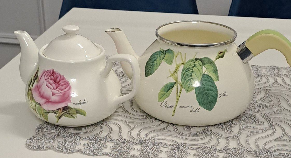 Beyaz Çiçek Desenli Emaye Çaydanlık - Görsel 3