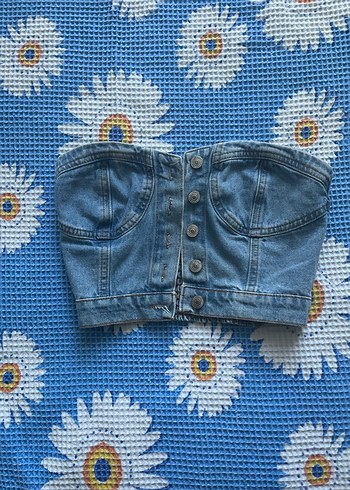 Düğmeli Mavi Denim Straplez Büstiyer