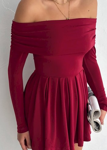 Bordo Drapeli Uzun Kollu Mini Abiye Elbise