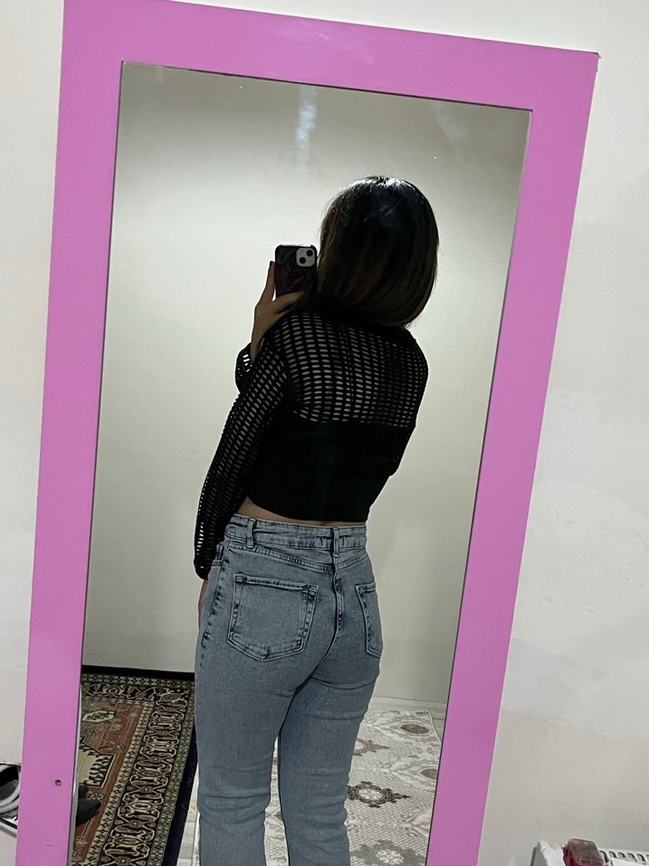 Siyah Denim Uzun Kollu Crop Top - Görsel 3