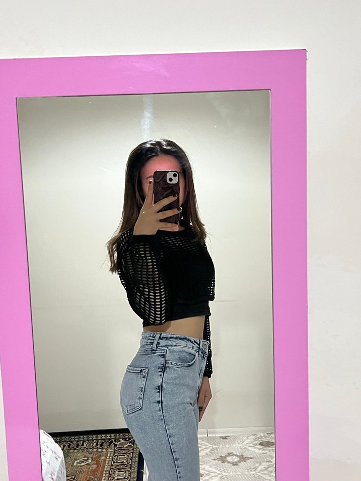 Siyah Denim Uzun Kollu Crop Top - Görsel 2