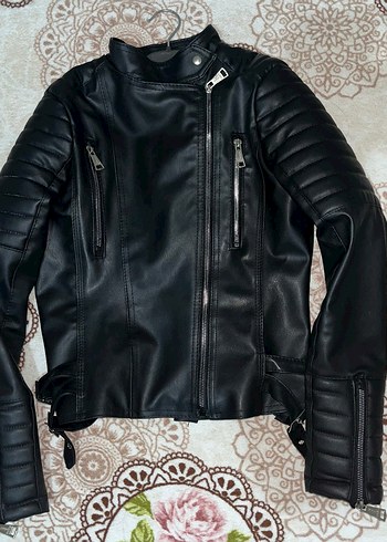 Kadın Siyah Deri Biker Ceket - Görsel 6