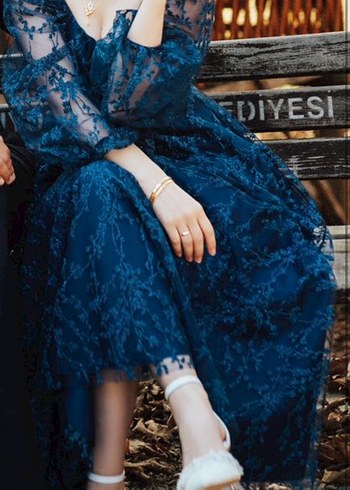 s Beden Vintage Dantel Detaylı Lacivert Uzun Abiye Elbise nişan elbisesi