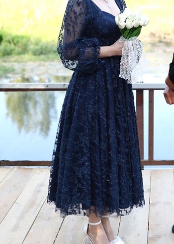 Zara Vintage Dantel Detaylı Lacivert Uzun Abiye Elbise nişan elbisesi