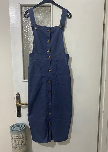 Kadın Lacivert Düğmeli Midi Kot Salopet - Görsel 2