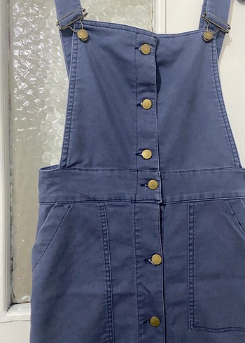 Kadın Lacivert Düğmeli Midi Kot Salopet - Görsel 3