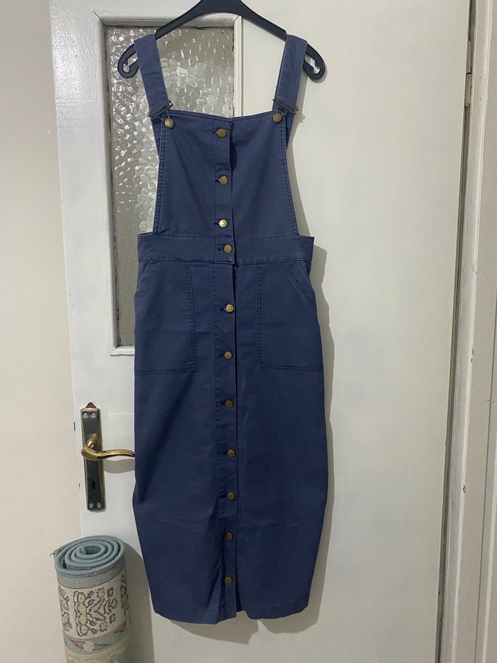 Kadın Lacivert Düğmeli Midi Kot Salopet - Görsel 2