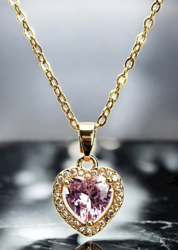 Paslanmaz Çelik Pembe Kalpli Gold Kolye