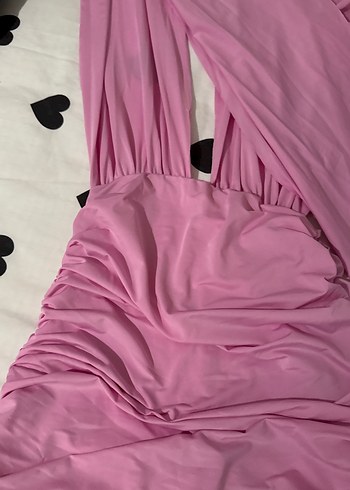 s Beden pembe Renk Pembe Drapeli V Yaka Uzun Abiye Elbise