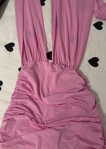 Pembe Drapeli V Yaka Uzun Abiye Elbise