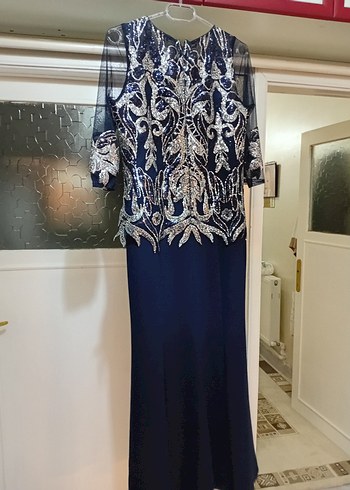 Payet Detaylı Lacivert Uzun Abiye Elbise - Görsel 5