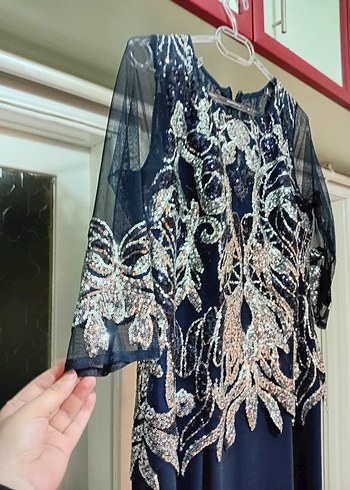 Payet Detaylı Lacivert Uzun Abiye Elbise - Görsel 2