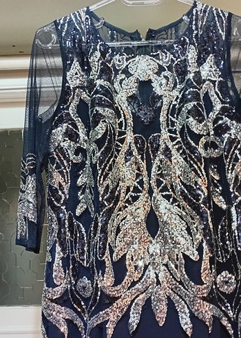 Payet Detaylı Lacivert Uzun Abiye Elbise - Görsel 3