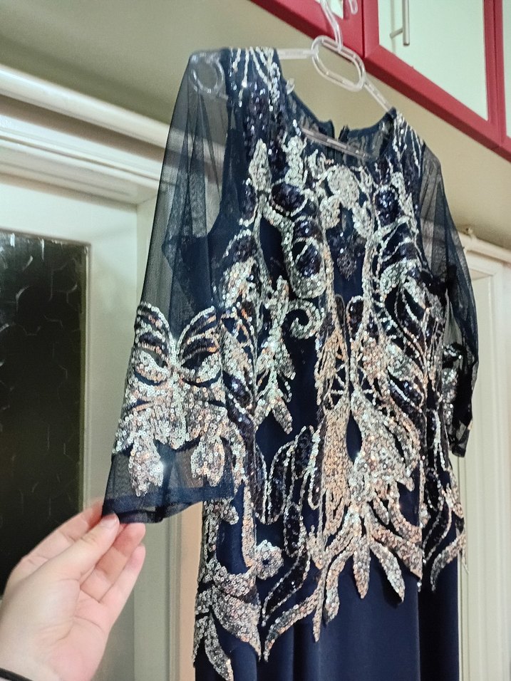 Payet Detaylı Lacivert Uzun Abiye Elbise - Görsel 2