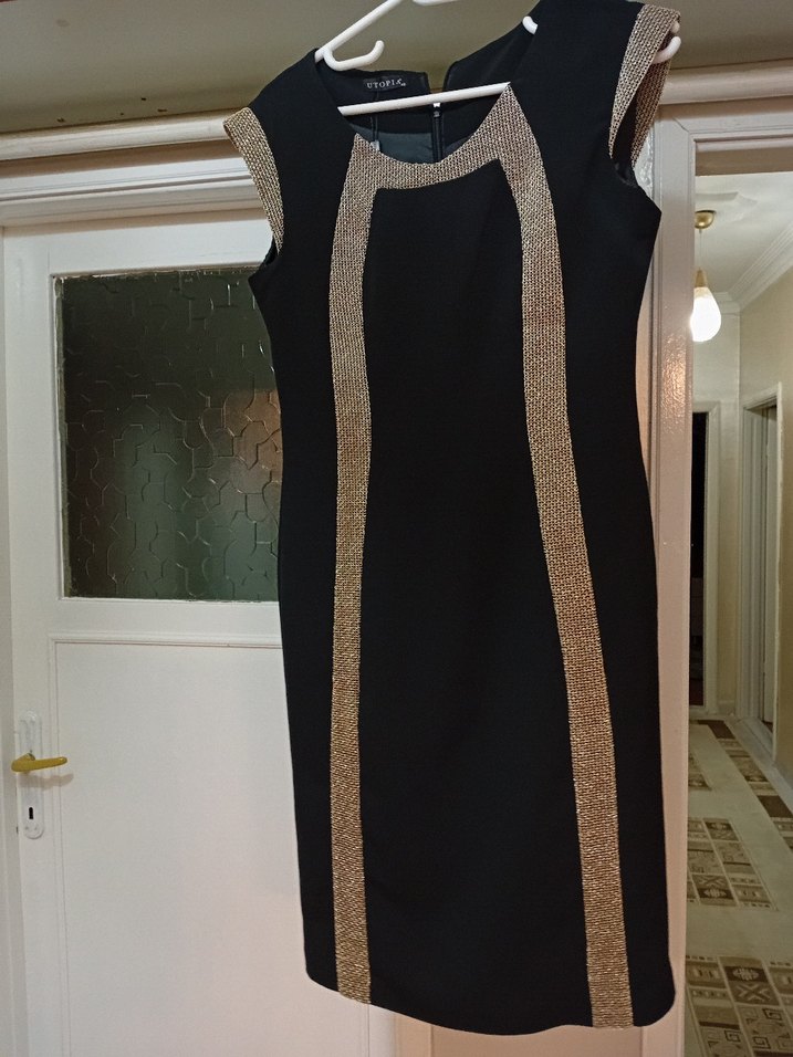 Siyah Nakışlı Kemerli midi boy Elbise - Görsel 2