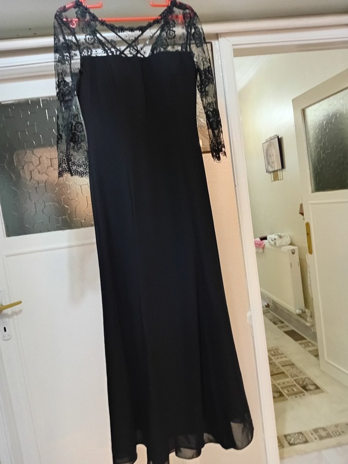 Dantelli Siyah Uzun Elbise - Görsel 5