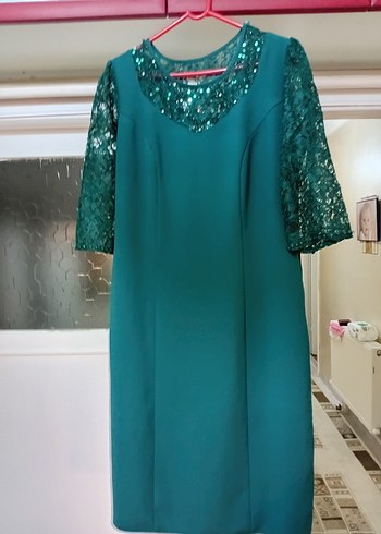 Uzun Zümrüt Yesil Payetli yaka Abiye Elbise - Görsel 4