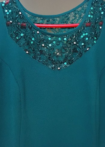 Uzun Zümrüt Yesil Payetli yaka Abiye Elbise - Görsel 3