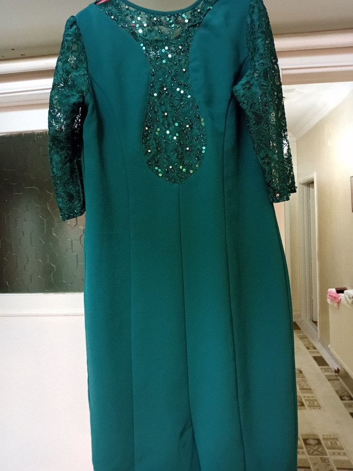 Uzun Zümrüt Yesil Payetli yaka Abiye Elbise - Görsel 2