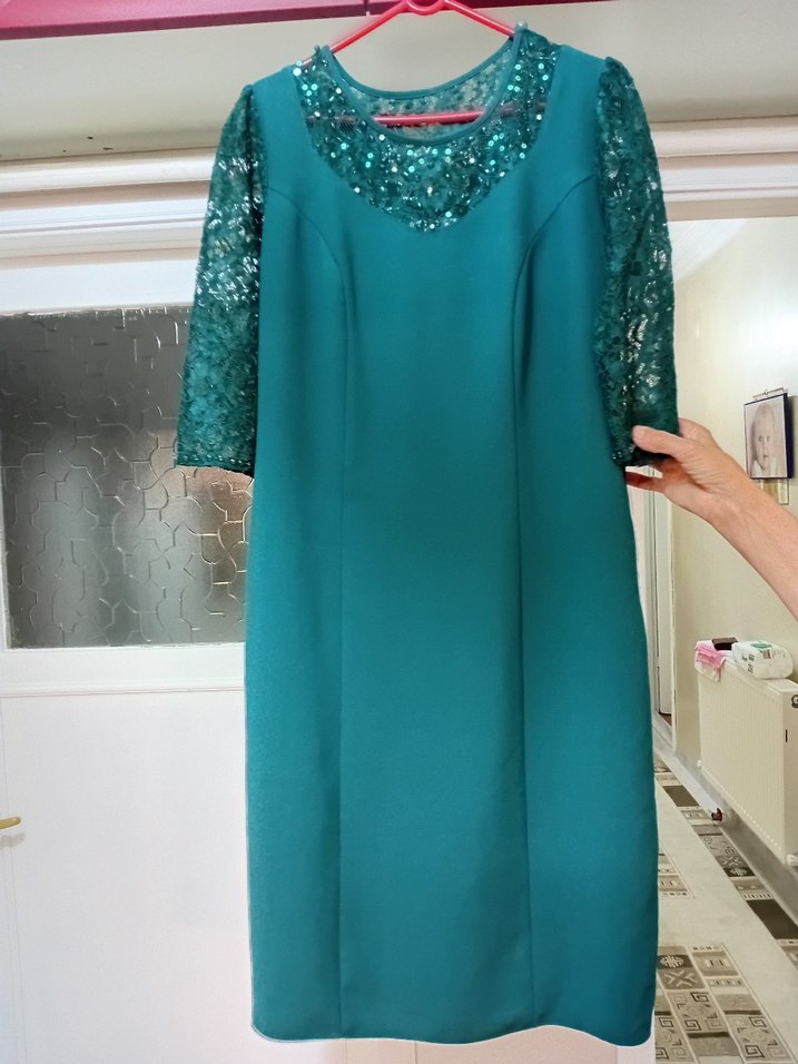 Uzun Zümrüt Yesil Payetli yaka Abiye Elbise - Görsel 5