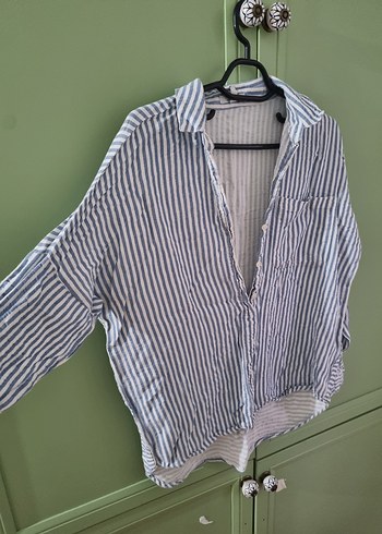 Düğmeli Çizgili Kadın Gömlek - Görsel 2