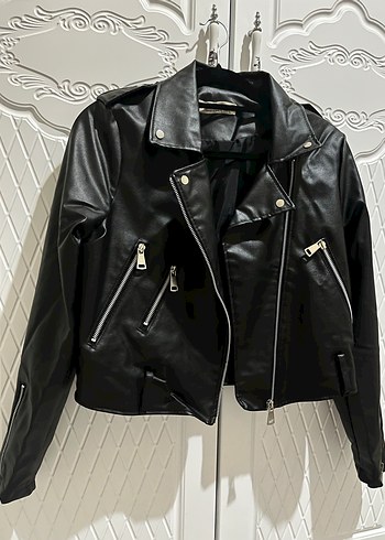 l Beden Kadın Siyah Deri Biker Ceket