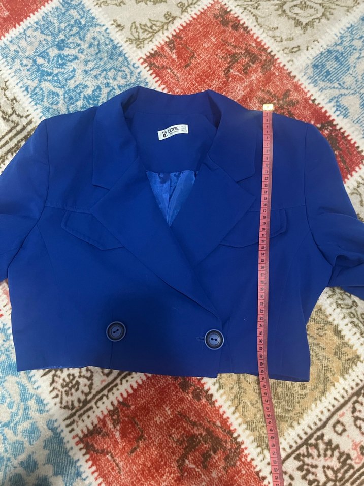 Düğmeli Kısa Mavi Kadın Blazer - Görsel 3