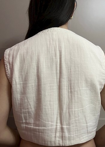 Beden ten rengi Renk Kadın Beyaz Dantel Detaylı Bohem Pamuklu Yelek
