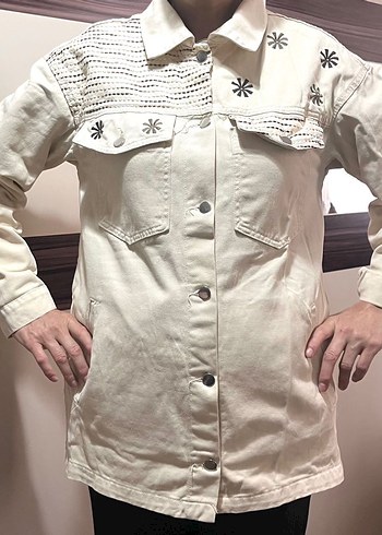 m Beden ten rengi Renk Düğmeli Kadın Denim Ceket