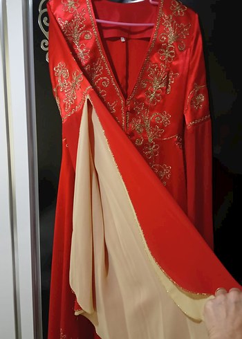 Kırmızı Nakışlı Uzun V Yaka Kadın Bindallı Kaftanı - Görsel 3