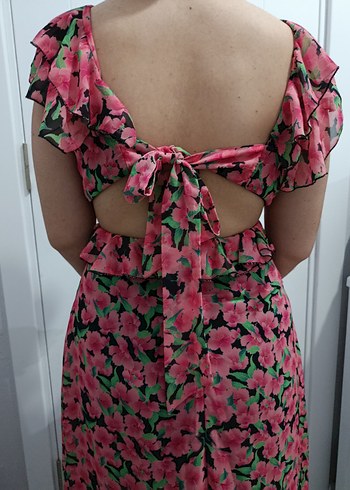 Pembe Çiçek Desenli Midi Elbise - Görsel 2