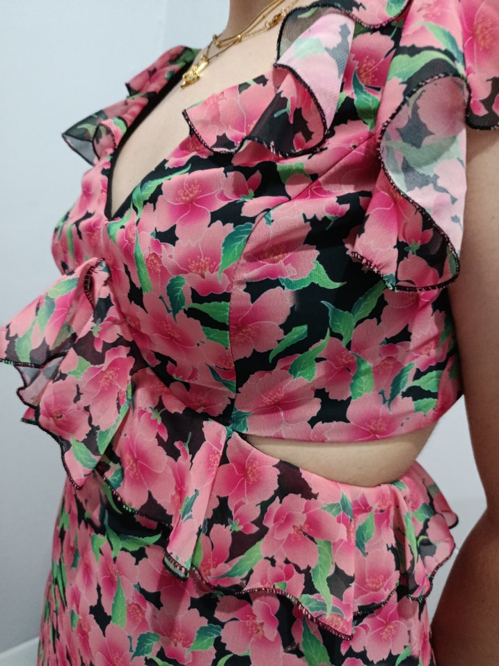 Pembe Çiçek Desenli Midi Elbise - Görsel 3