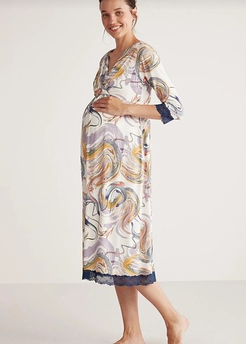 Desenli V Yaka Hamile Gecelik - Görsel 4