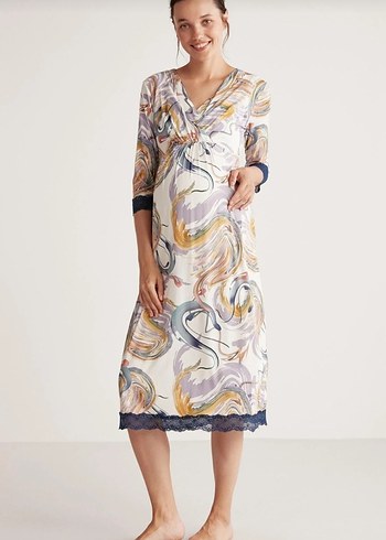 Desenli V Yaka Hamile Gecelik - Görsel 2