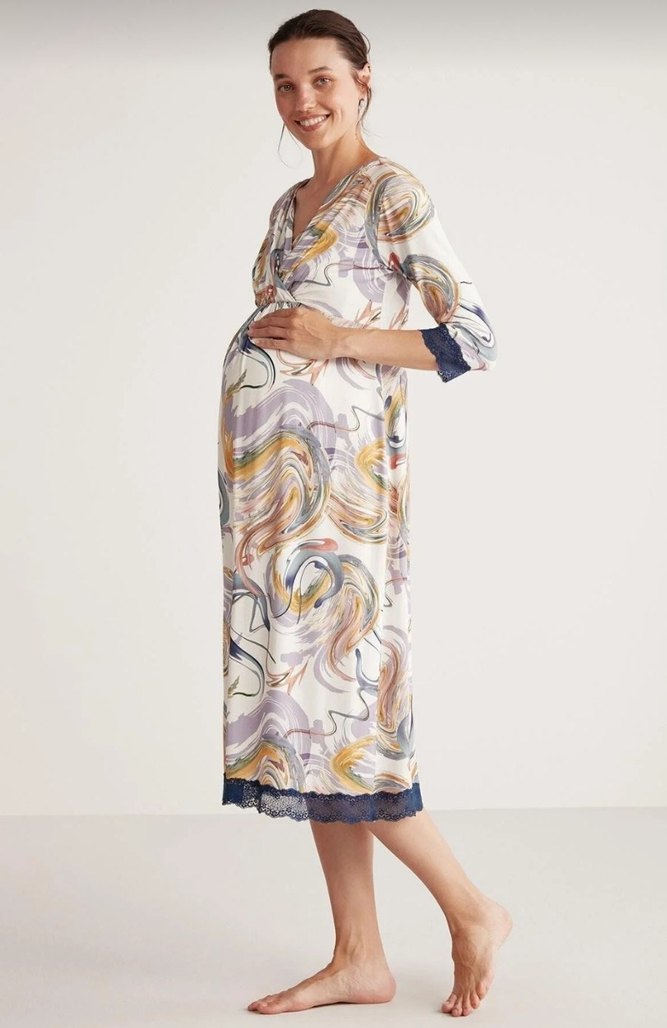 Desenli V Yaka Hamile Gecelik - Görsel 4