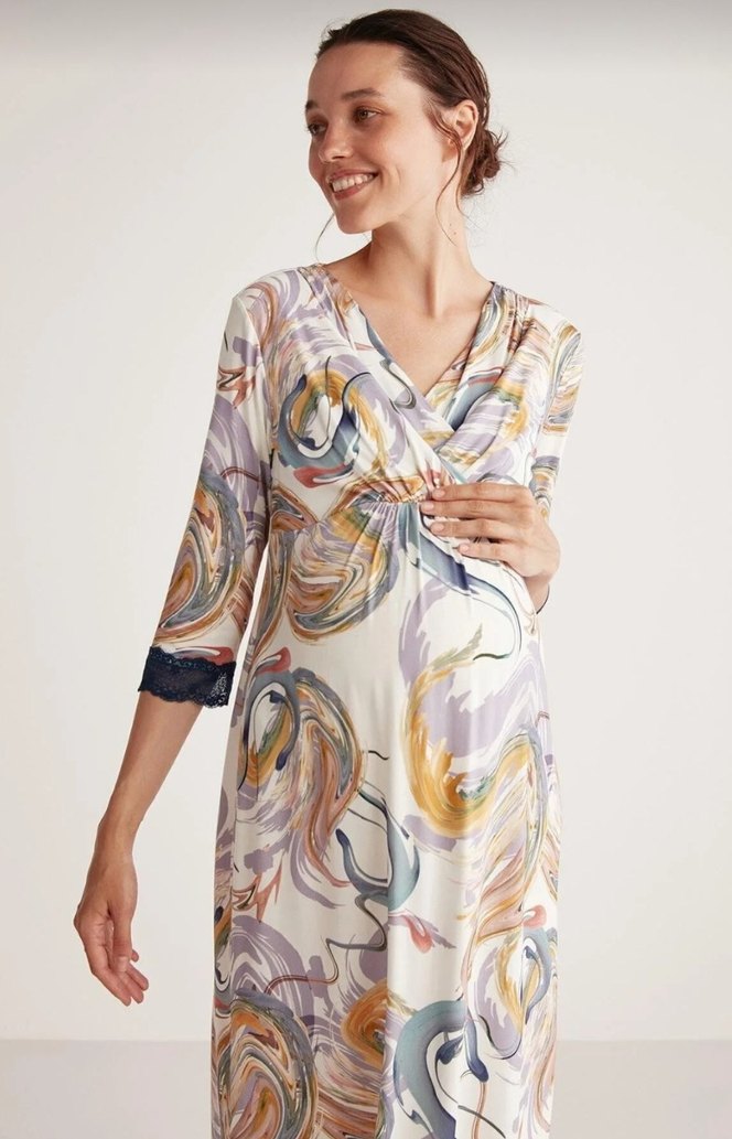 Desenli V Yaka Hamile Gecelik - Görsel 3