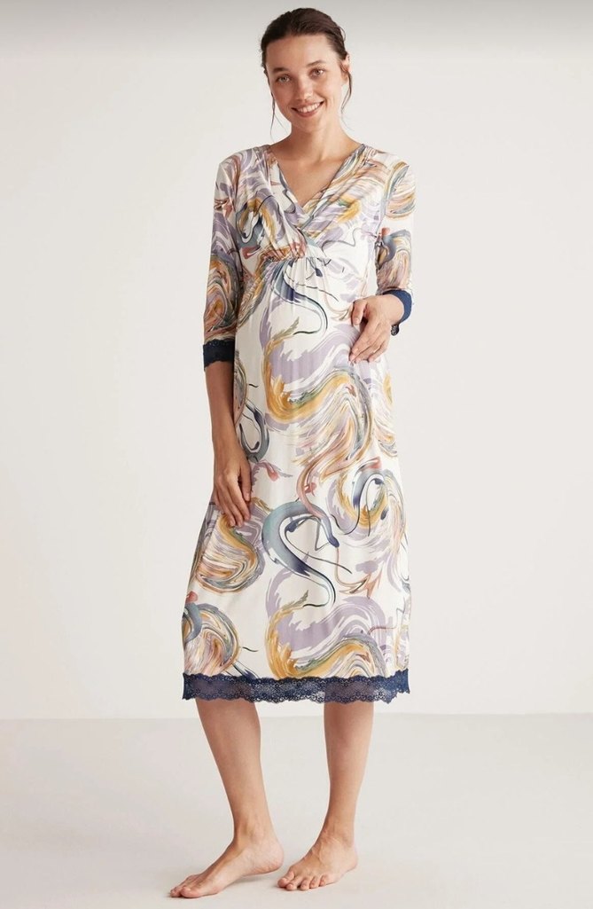 Desenli V Yaka Hamile Gecelik - Görsel 2