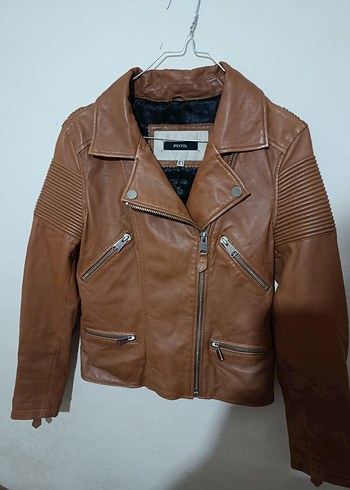 Kahverengi Deri Biker Kadın Ceket - Görsel 2