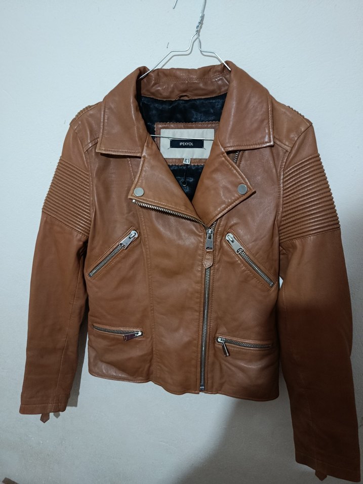 Kahverengi Deri Biker Kadın Ceket - Görsel 2