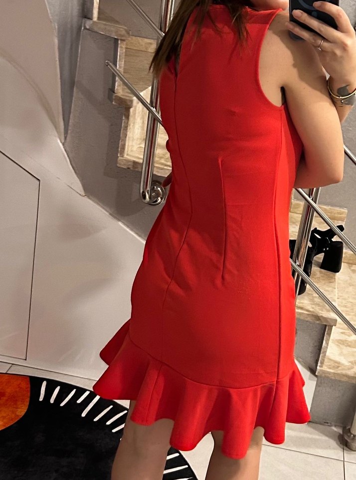 Kırmızı V Yaka Kolsuz Mini Elbise - Görsel 3