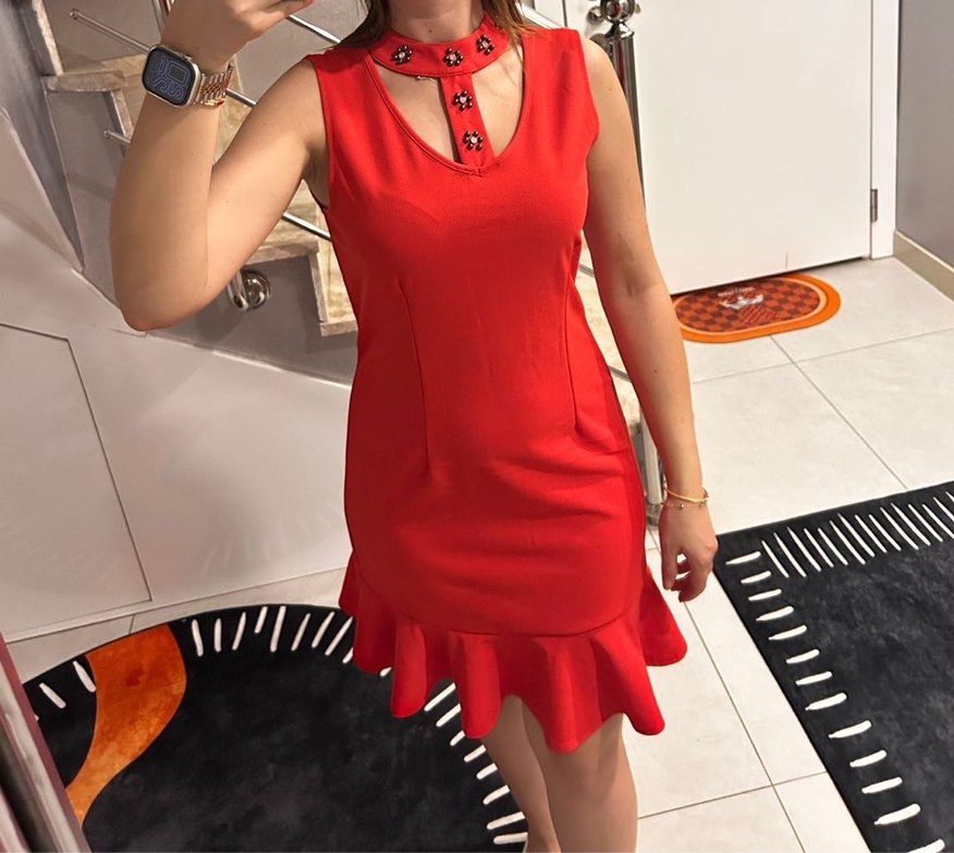 Kırmızı V Yaka Kolsuz Mini Elbise - Görsel 4