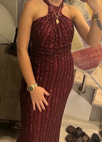 Bordo Yılan Desenli Uzun Abiye Elbise - Görsel 5