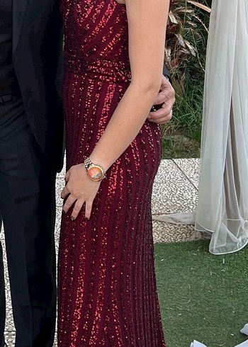 Bordo Yılan Desenli Uzun Abiye Elbise - Görsel 3