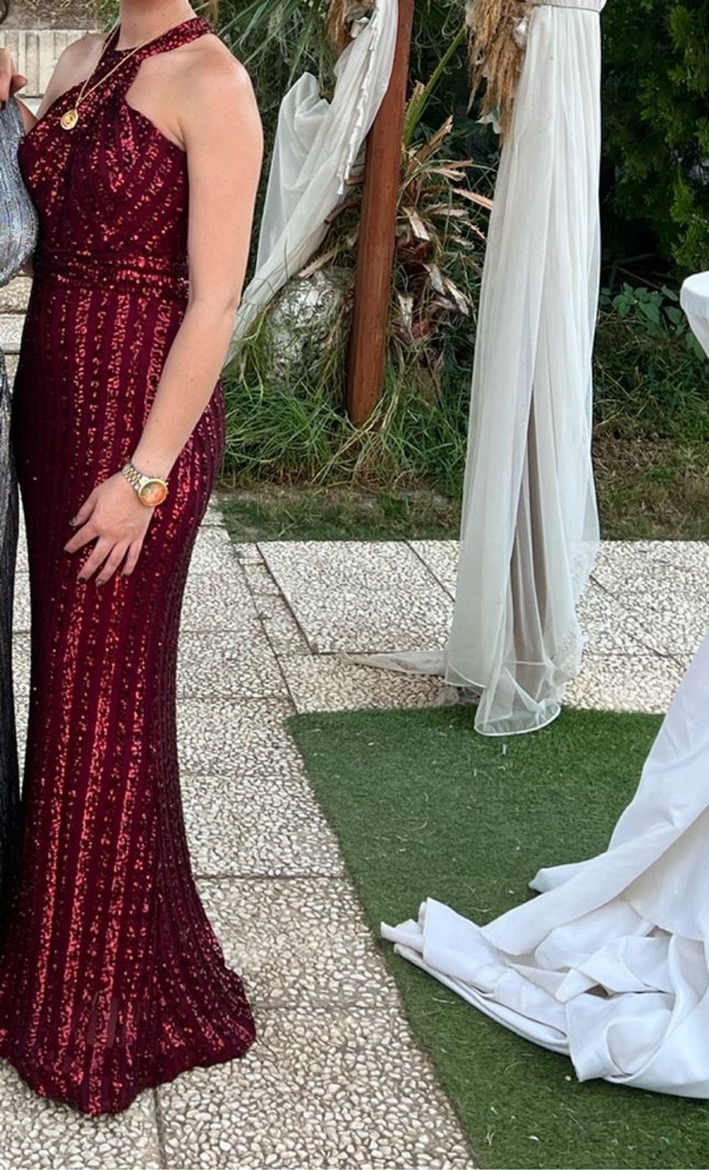 Bordo Yılan Desenli Uzun Abiye Elbise - Görsel 2