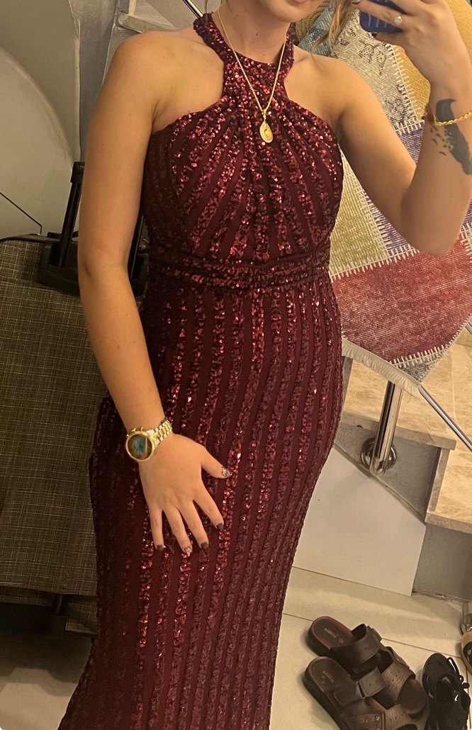 Bordo Yılan Desenli Uzun Abiye Elbise - Görsel 5