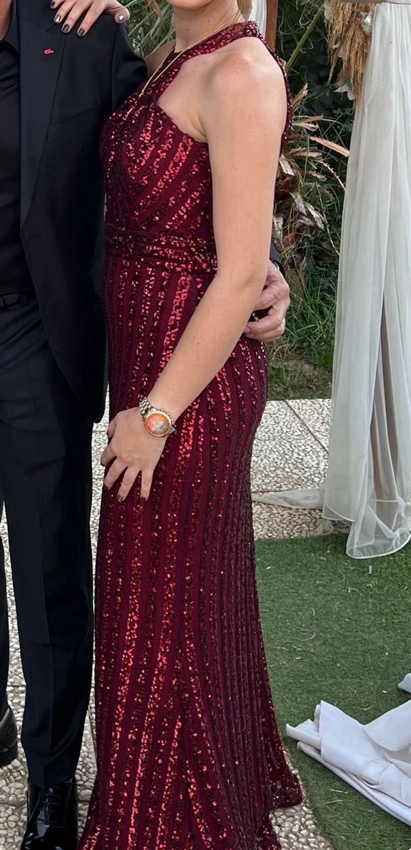 Bordo Yılan Desenli Uzun Abiye Elbise - Görsel 3